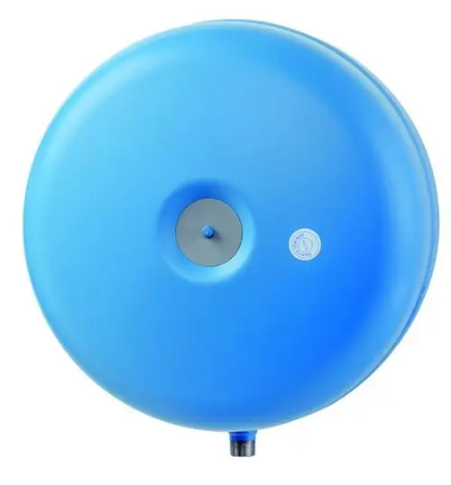 Blaues Druckausdehnungsgefäß von IMI Hydronic Engineering mit rundem Design und einer zentralen Befüllöffnung, geeignet für die Nutzung in Heizungsanlagen.
